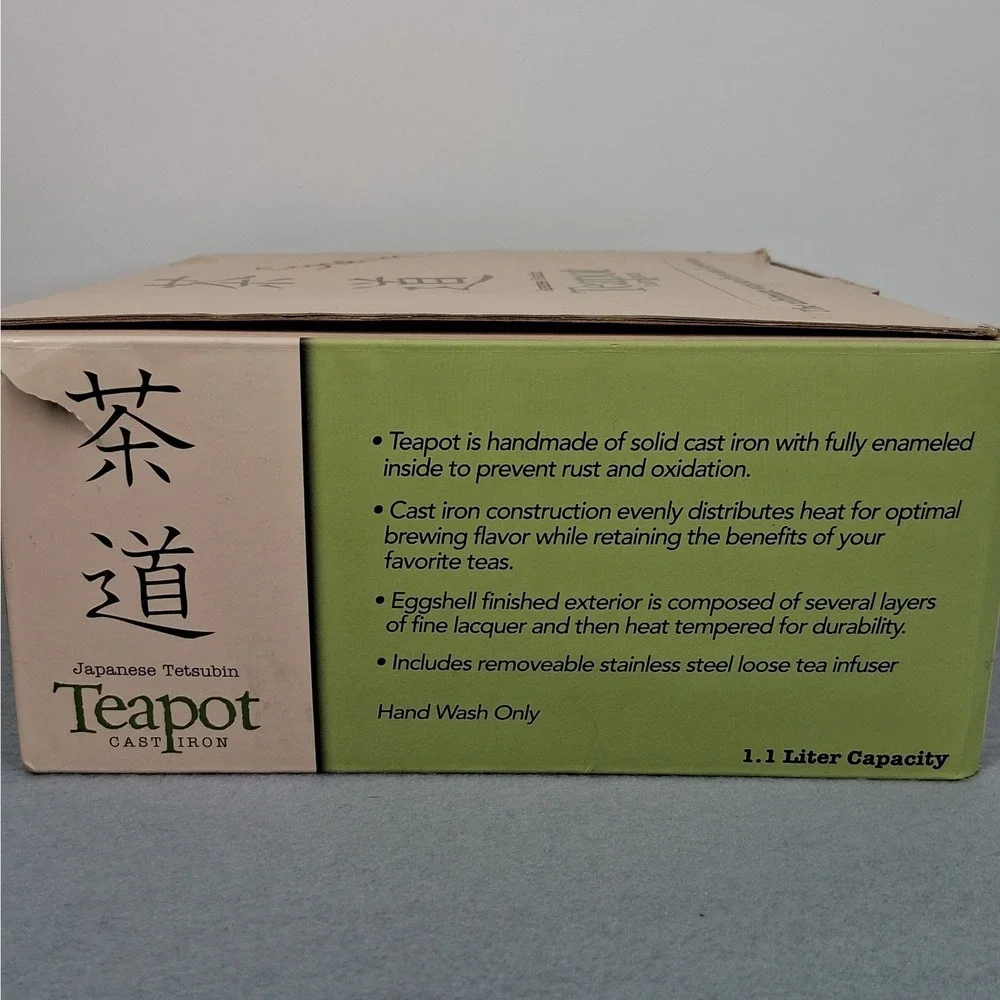 Japanese Tetsubin Teapot Green Cast Iron Dragonfly Enamel Interior NIB